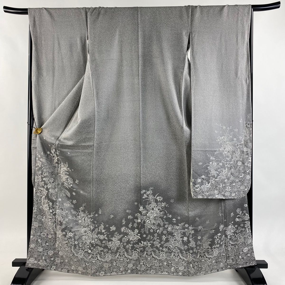 振袖 身丈164 cm 裄丈66.5 M 袷 銀花布 落款 更紗 紋意匠 銀通し 灰色 正絹