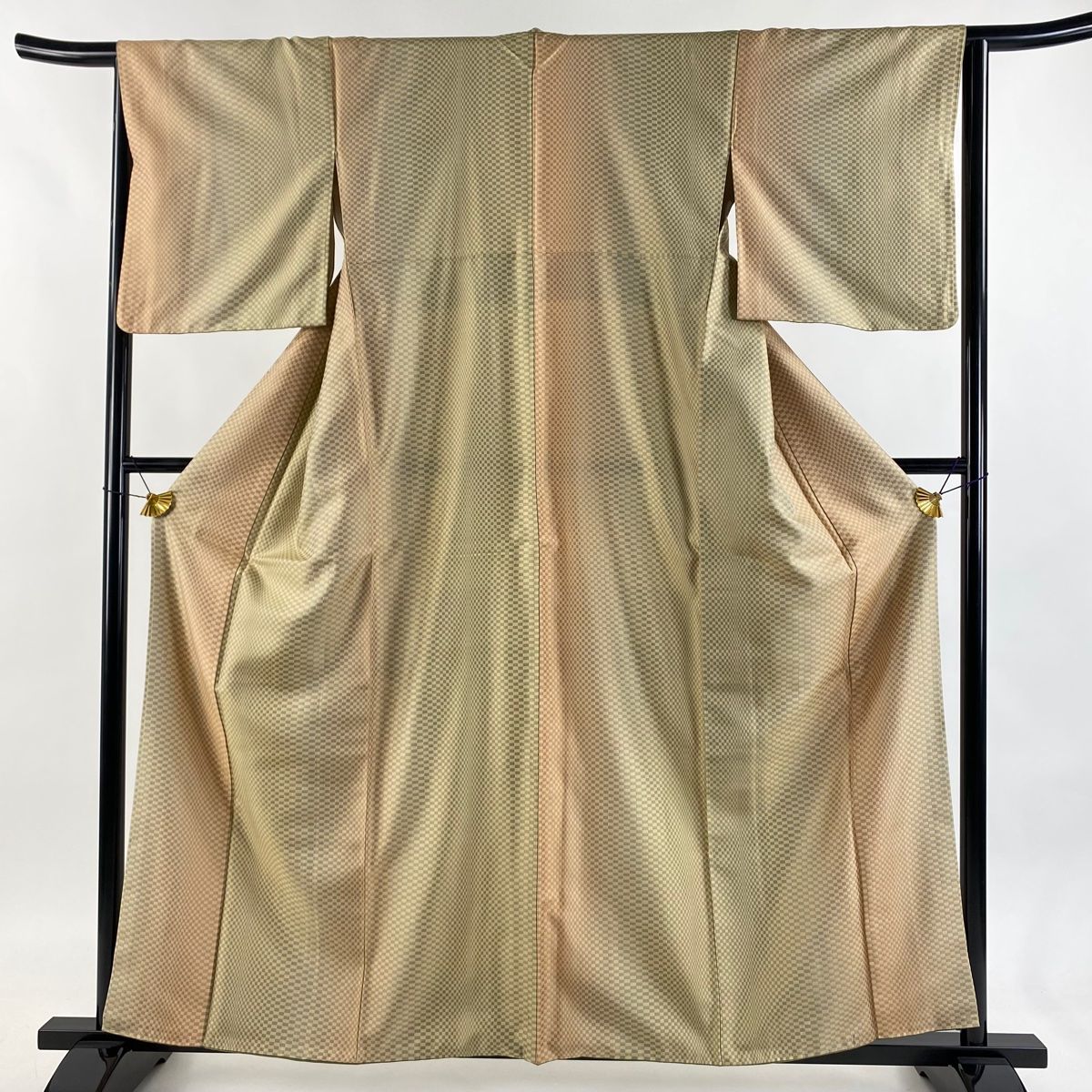 お召 身丈160 cm 裄丈64 5 M 袷 変わり市松 灰緑 正絹