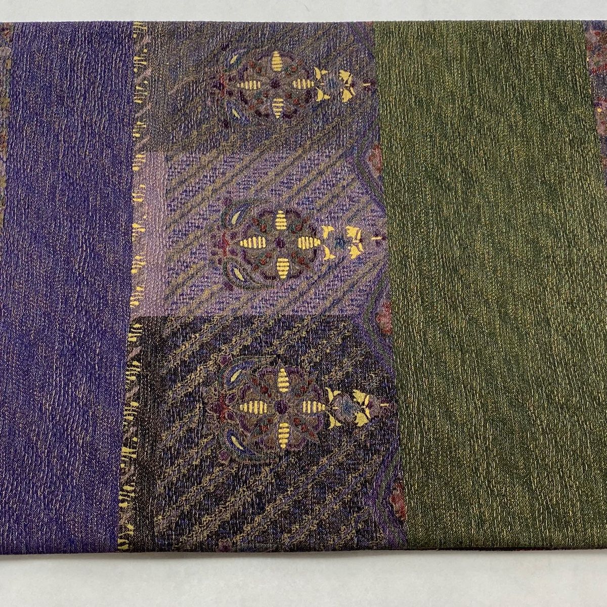 美品】 袋帯 逸品 前田仁仙 落款 草花 幾何学 金彩 金糸 紫 六通 正絹