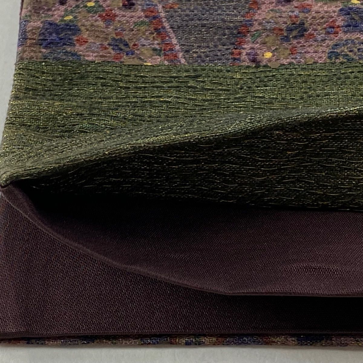 美品】 袋帯 逸品 前田仁仙 落款 草花 幾何学 金彩 金糸 紫 六通 正絹