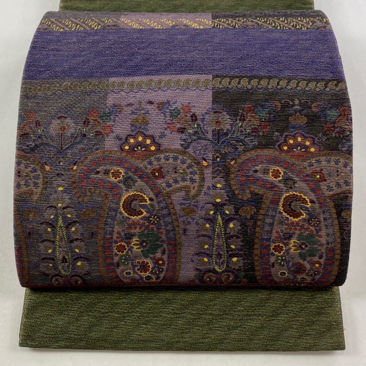 美品】 袋帯 逸品 前田仁仙 落款 草花 幾何学 金彩 金糸 紫 六通 正絹