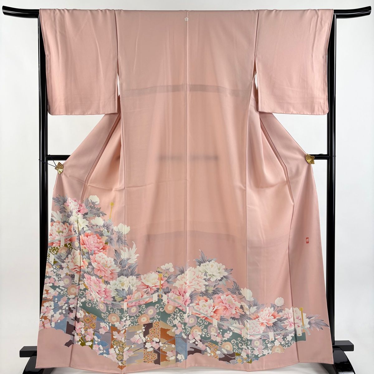 色留袖 身丈164.5 cm 裄丈66 M 袷 落款 牡丹 幔幕 ピンク 正絹 一つ紋