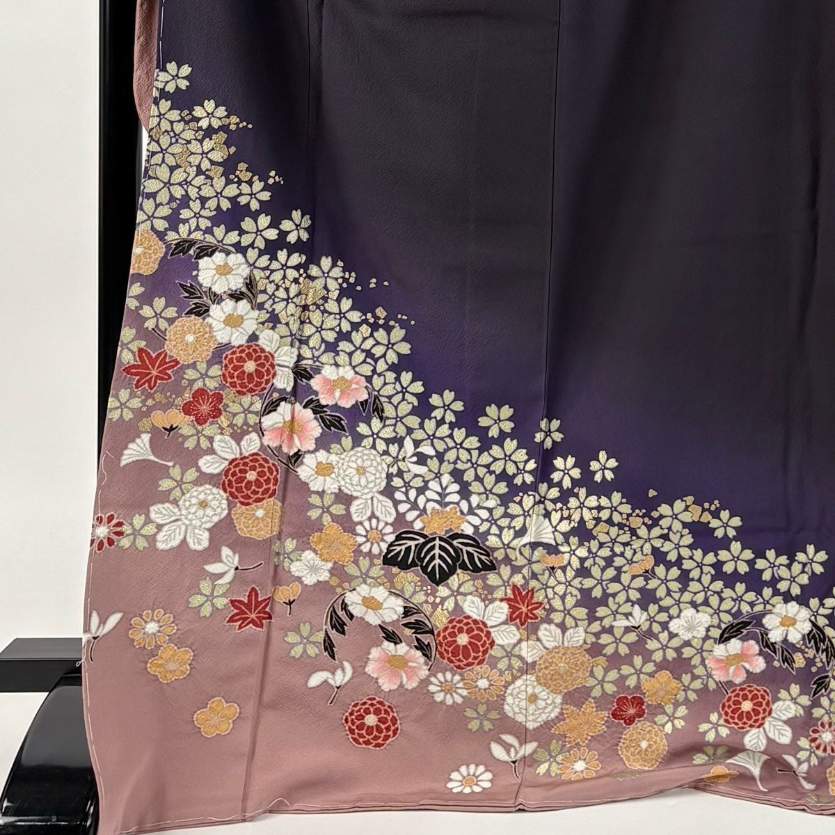 振袖 身丈172.5 cm 裄丈67 M 袷 花丸文 桜 金彩 ぼかし 濃紫 正絹 三つ紋