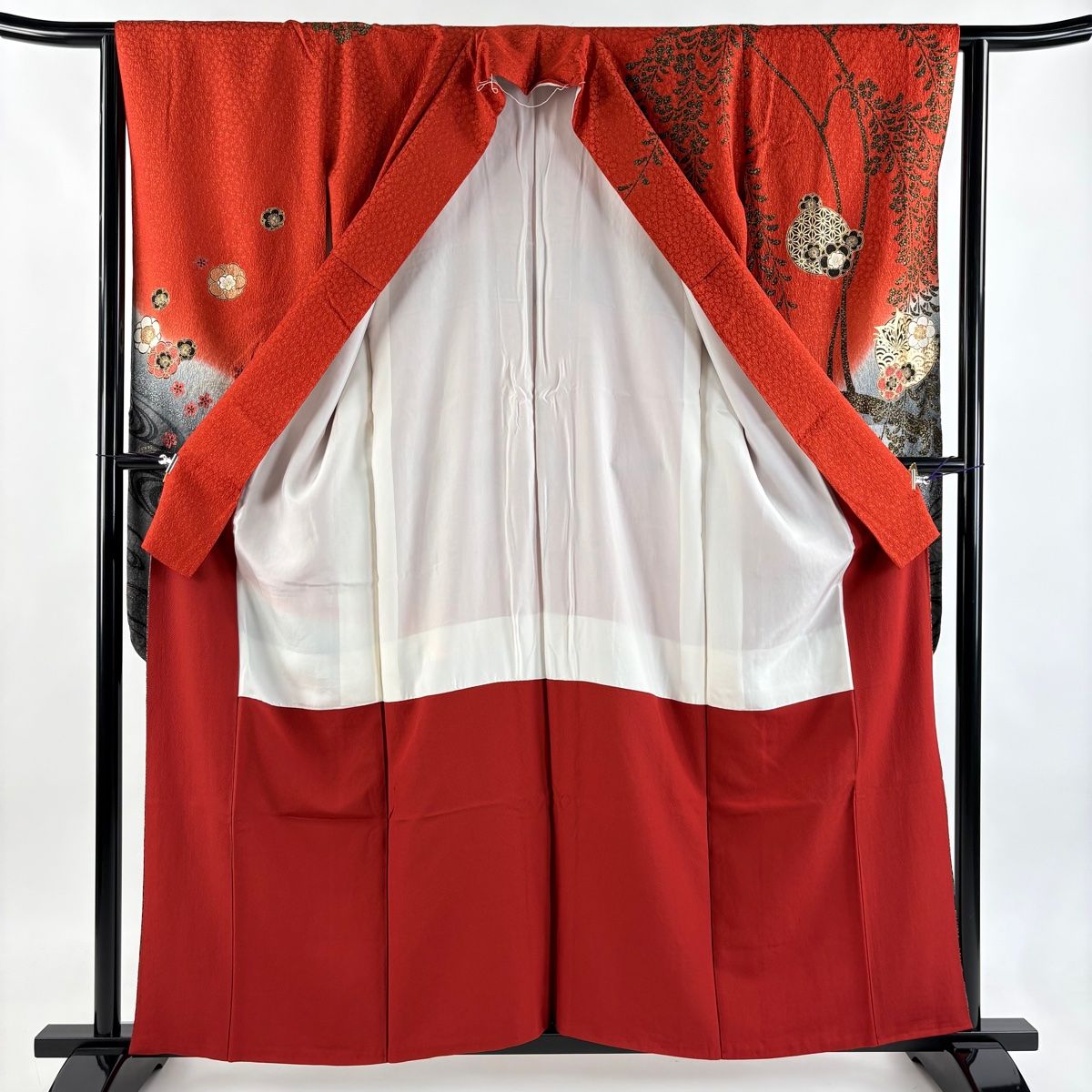  振袖 身丈157 cm 裄丈62 S 袷 梅 蝶 金糸 金通し 朱色 正絹 振袖 着物