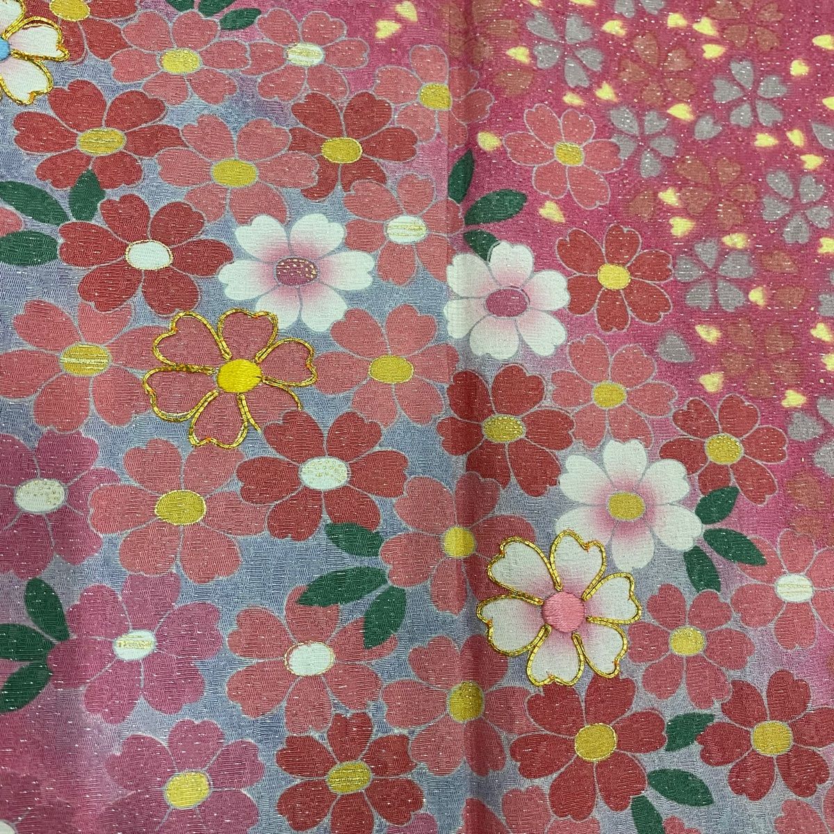  振袖 身丈152 cm 裄丈64 M 袷 桜 花びら 金糸 銀通し ピンク 正絹 振袖 着物