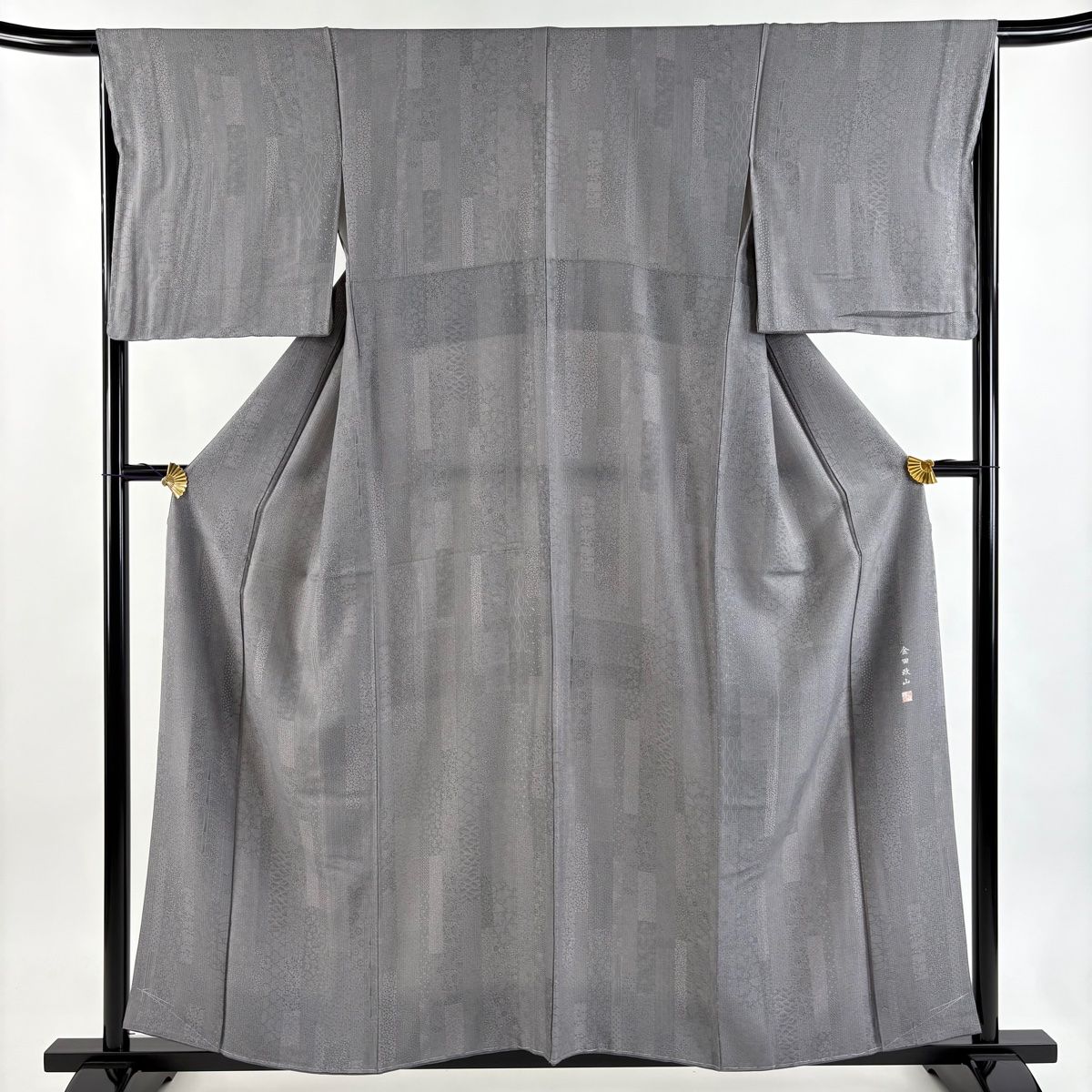 江戸小紋 身丈156 cm 裄丈66 M 袷 金田政山 落款 縞 花唐草 灰色 正絹