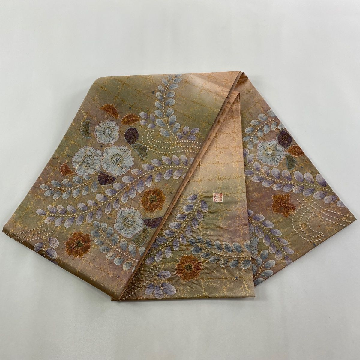 美品】 袋帯 名品 落款 辻が花 金糸 箔 灰緑 お太鼓柄 正絹 【中古