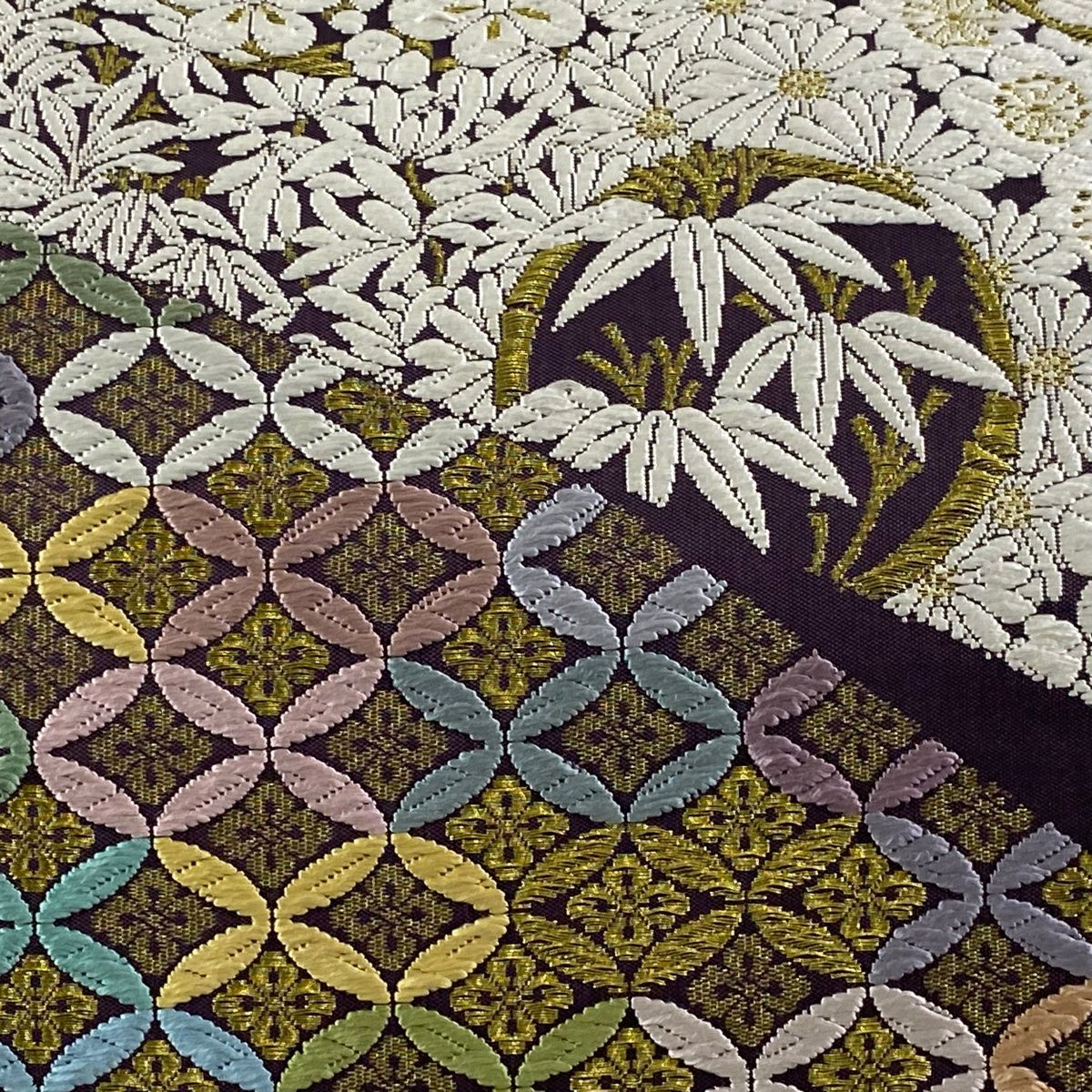 袋帯 名品 草木染 つづれ唐織 七宝繋ぎ 花丸文 金糸 紫 六通 正絹