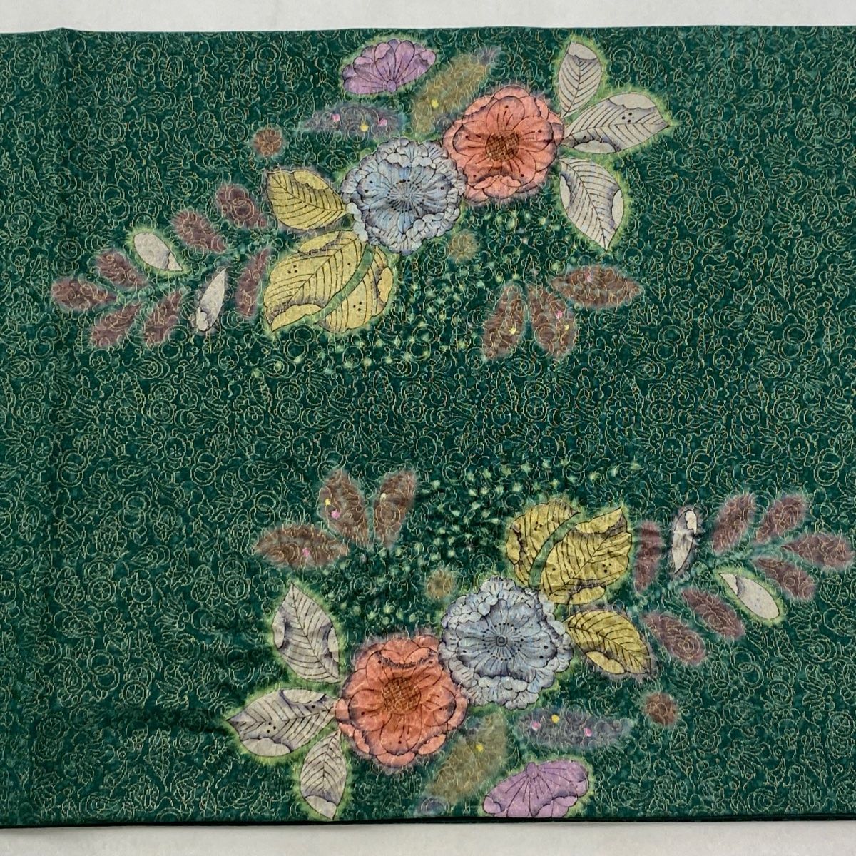 美品】 袋帯 名品 辻が花柄 宝尽くし 金通し 緑 お太鼓柄 正絹 【中古