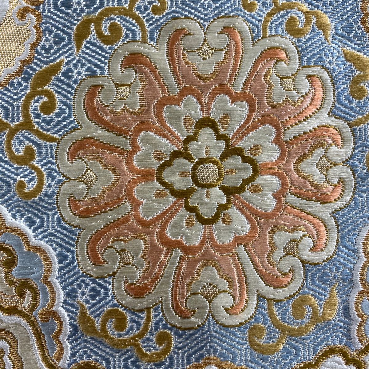 袋帯 名品 草木染 名物裂取文様 金銀糸 箔 青灰色 六通 正絹 【中古