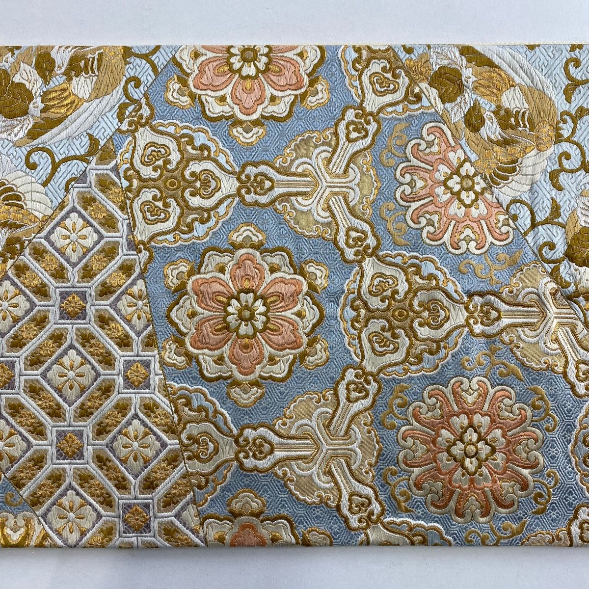 袋帯 名品 草木染 名物裂取文様 金銀糸 箔 青灰色 六通 正絹 【中古