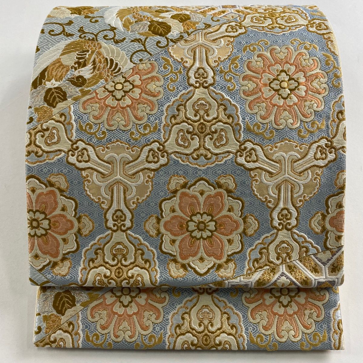 袋帯 名品 草木染 名物裂取文様 金銀糸 箔 青灰色 六通 正絹 【中古