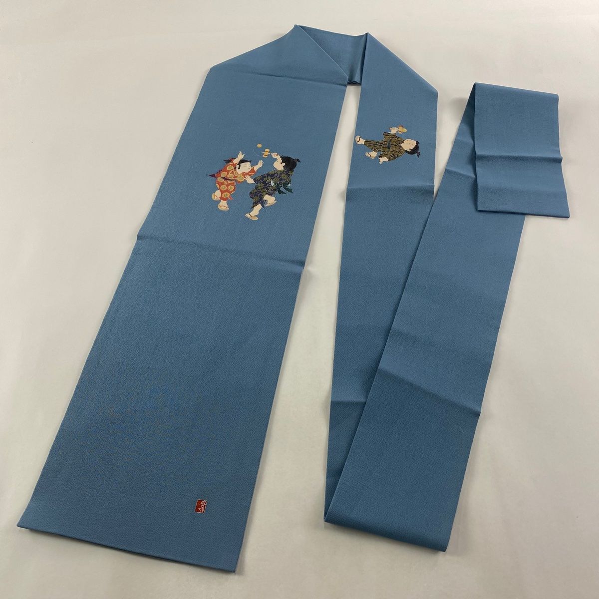  名古屋帯 関口遼一 落款 童 縮緬 青灰色 正絹 名古屋帯 帯
