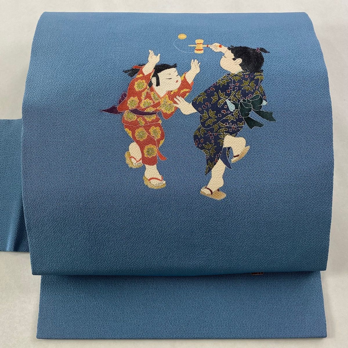 名古屋帯 関口遼一 落款 童 縮緬 青灰色 正絹