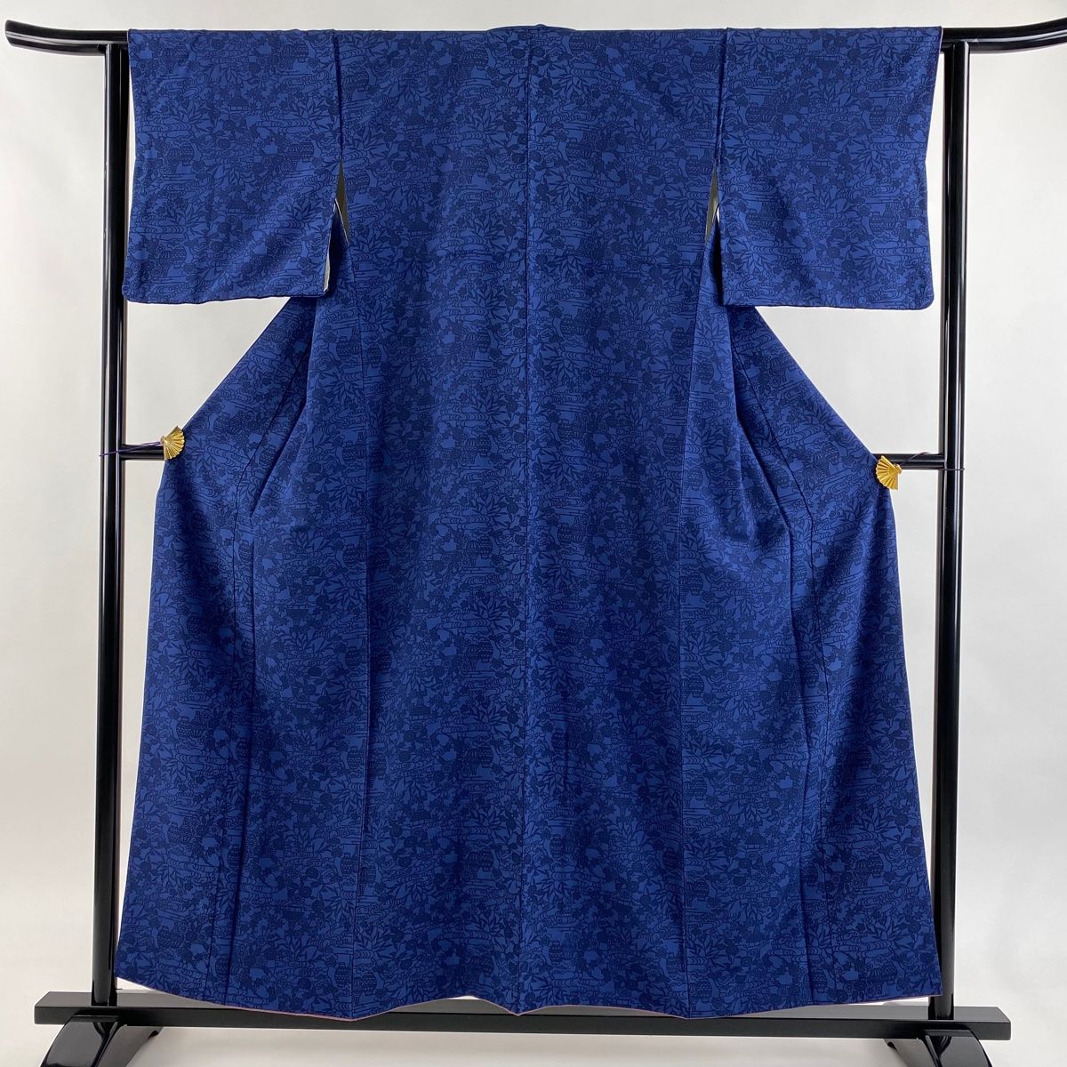 小紋 身丈154 5 cm 裄丈62 S 袷 草花 器物 紺色 正絹 秀品