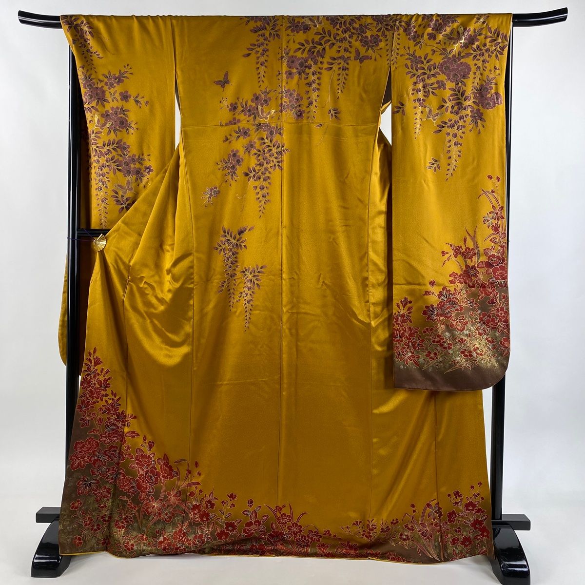 振袖 身丈170 cm 裄丈69 L 袷 草花 金銀彩 ぼかし 山吹茶色 正絹 秀品