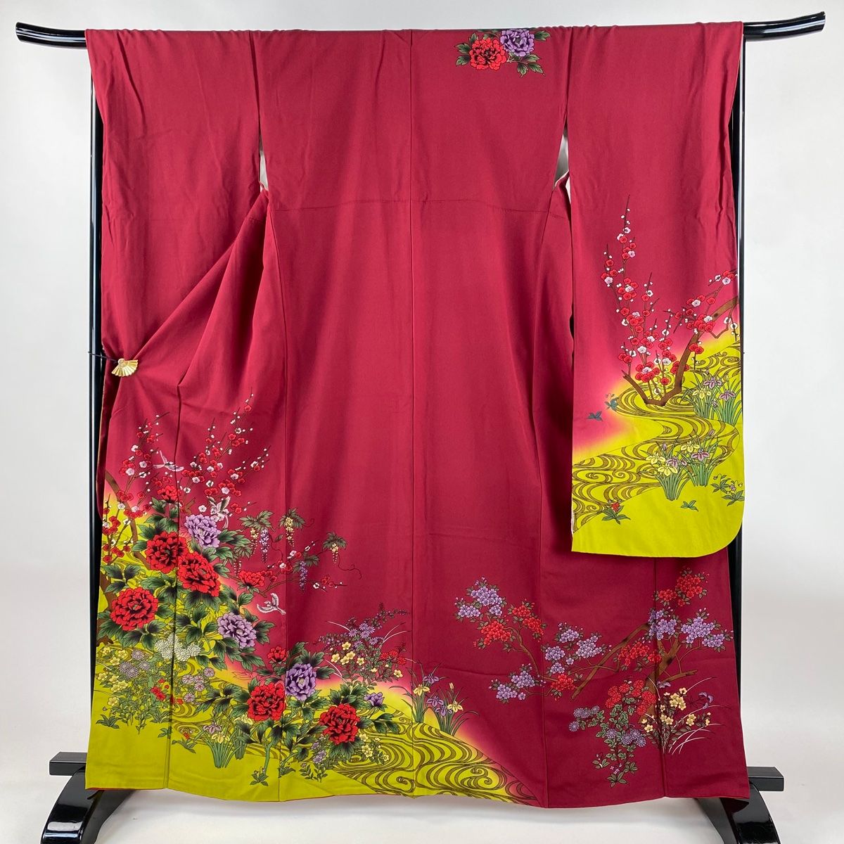 振袖 身丈163 cm 裄丈69 L 袷 草花 鳥 染め分け ぼかし えんじ色 正絹 秀品