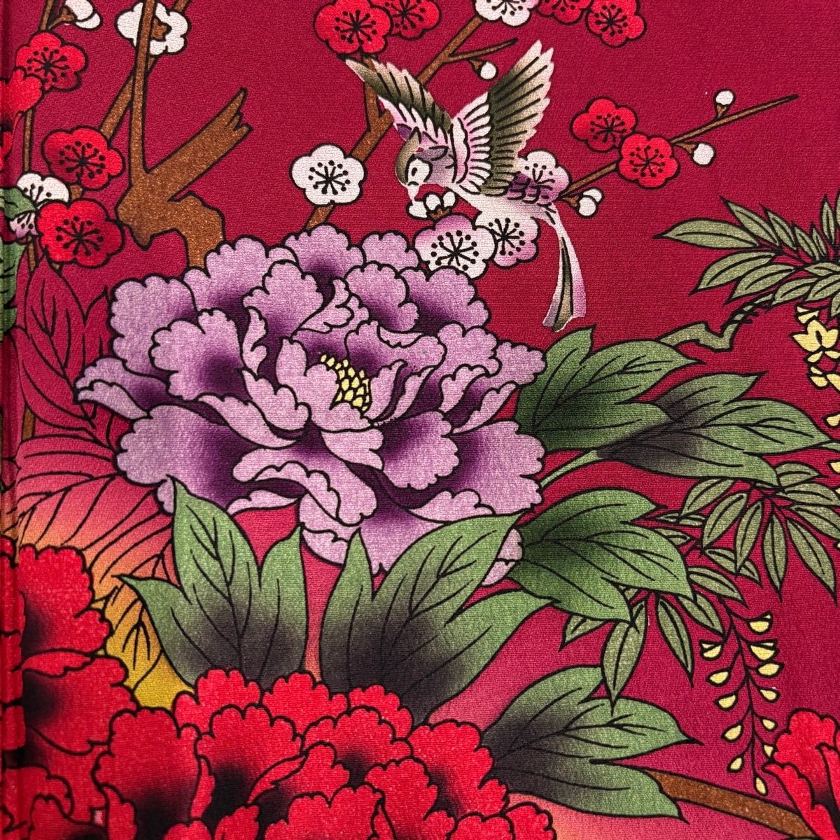  振袖 身丈163 cm 裄丈69 L 袷 草花 鳥 染め分け ぼかし えんじ色 正絹 秀品 振袖 着物
