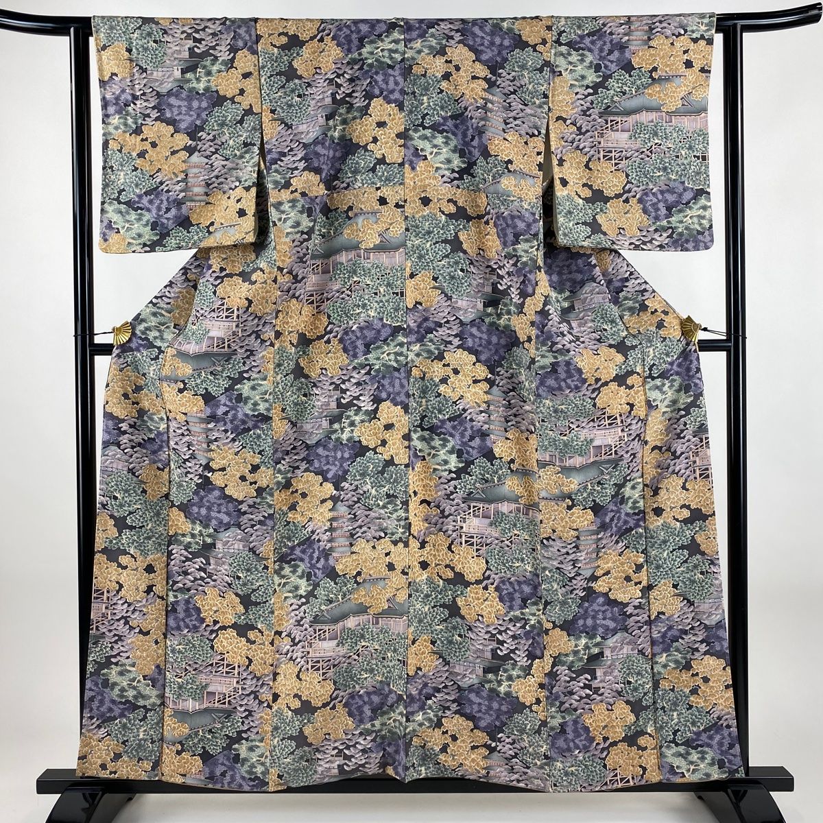 小紋 身丈158 cm 裄丈62 S 袷 樹木 建物 灰紫 正絹 秀品