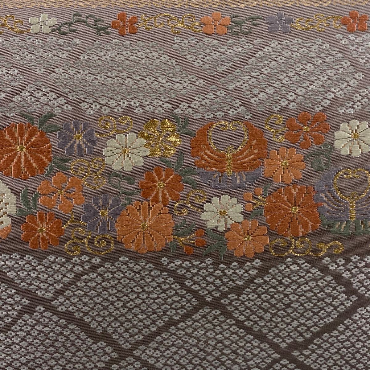 名古屋帯 秀品 草花 段縞 金糸 唐織 灰茶 正絹