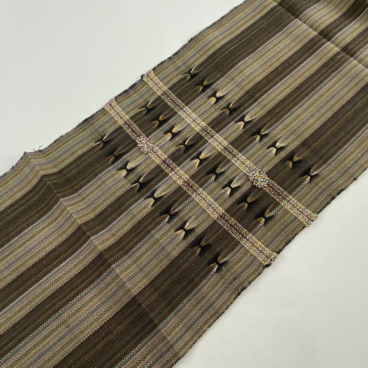 美品】 名古屋帯 秀品 八寸名古屋帯 松葉仕立て 幾何学 金糸 焦茶色