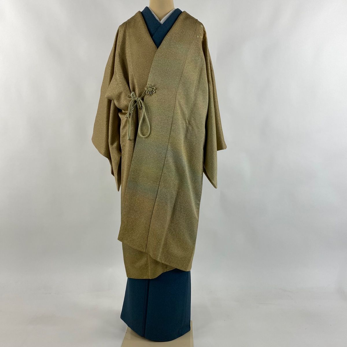 道中着 身丈111 5 cm 裄丈67 M 久保田一竹工房 和装コート 落款 辻が花 金通し ぼかし 茶緑色 正絹