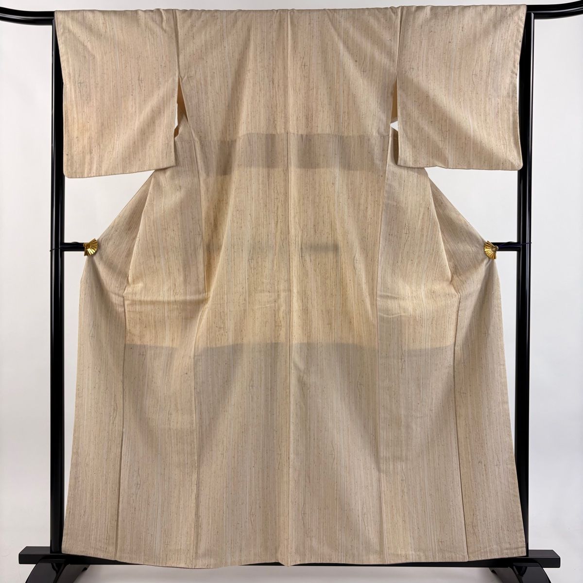 紬 身丈160 5 cm 裄丈66 M 袷 吉澤与市 ぜんまい工芸 証紙 縦縞 十字絣 ベージュ 正絹
