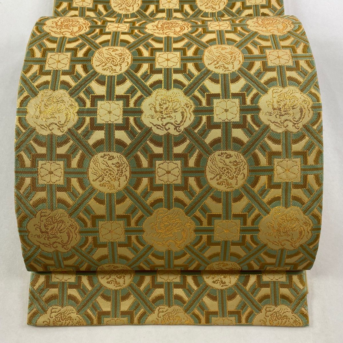 美品】 袋帯 逸品 龍村晋 落款 名物加賀蜀紅錦 箔 薄黄土色 全通 正絹