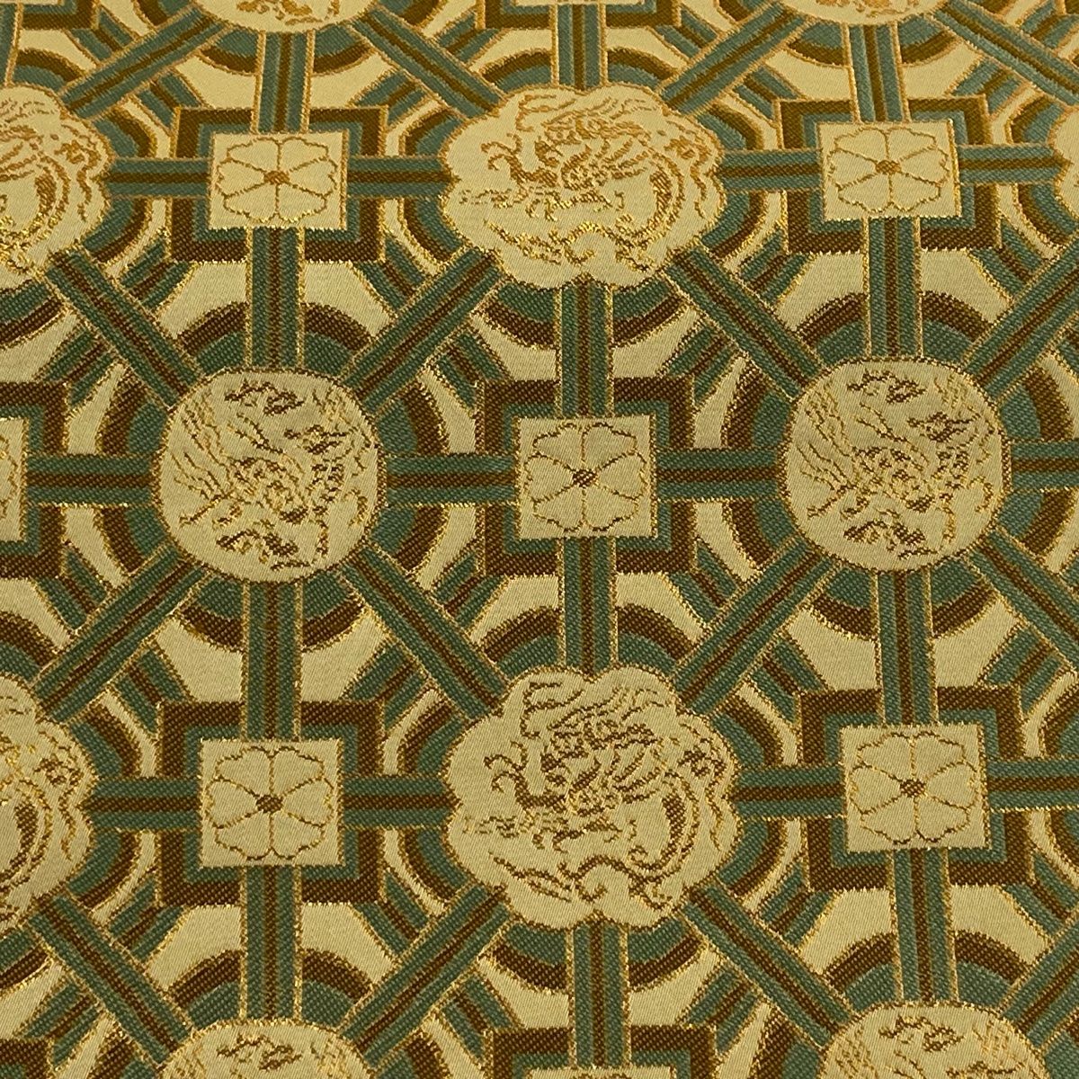 美品】 袋帯 逸品 龍村晋 落款 名物加賀蜀紅錦 箔 薄黄土色 全通 正絹