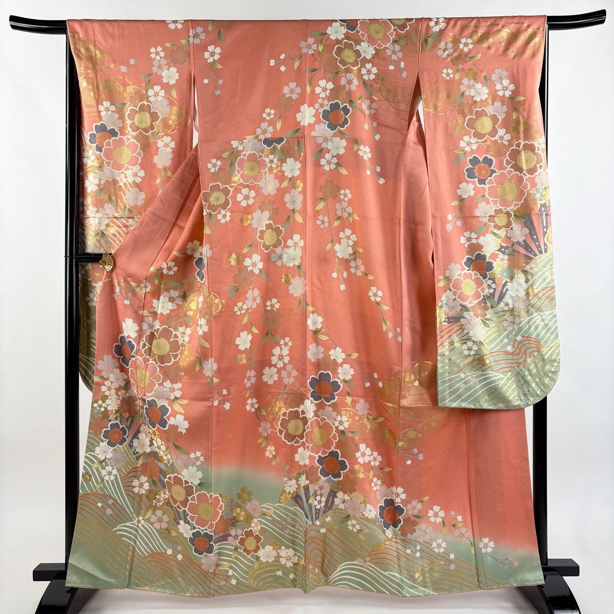 振袖 身丈164 cm 裄丈66.5 M 袷 桜 波 金糸 金彩 サーモンピンク 正絹