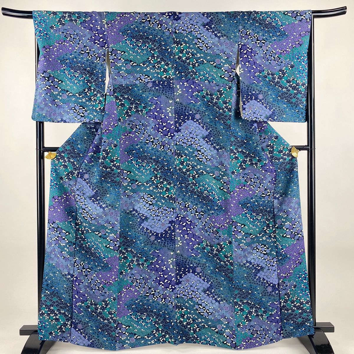 小紋 身丈164 5 cm 裄丈67 M 袷 草花 霞 箔通し 金彩 紺色 正絹