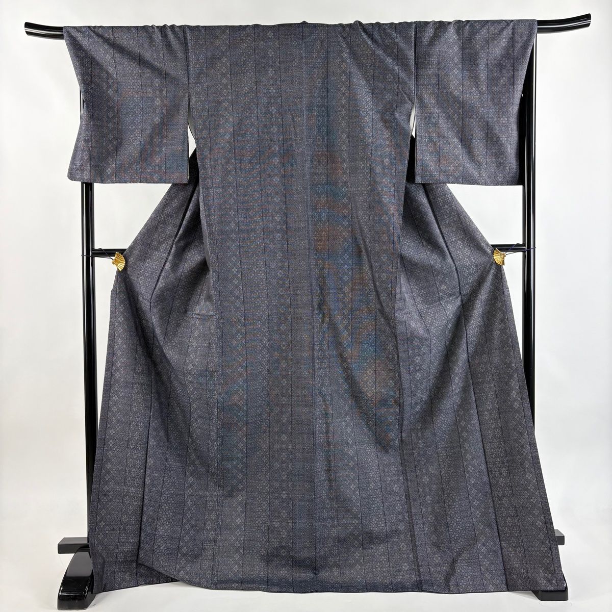 大島紬 身丈174.5 cm 裄丈70 L 袷 本藍染 証紙 花菱 縦縞 紺色 正絹