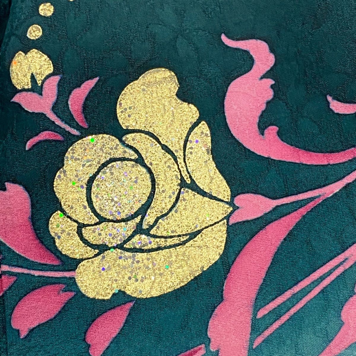  振袖 身丈164 cm 裄丈67 M 袷 牡丹 薔薇 金彩 金糸 深緑 正絹 振袖 着物