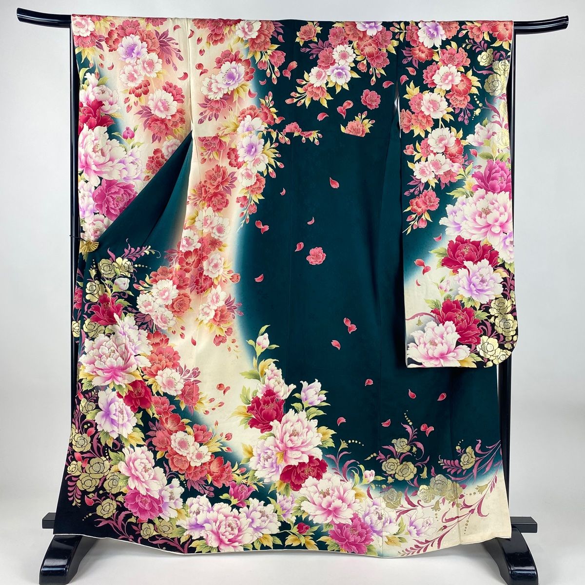 振袖 身丈164 cm 裄丈67 M 袷 牡丹 薔薇 金彩 金糸 深緑 正絹