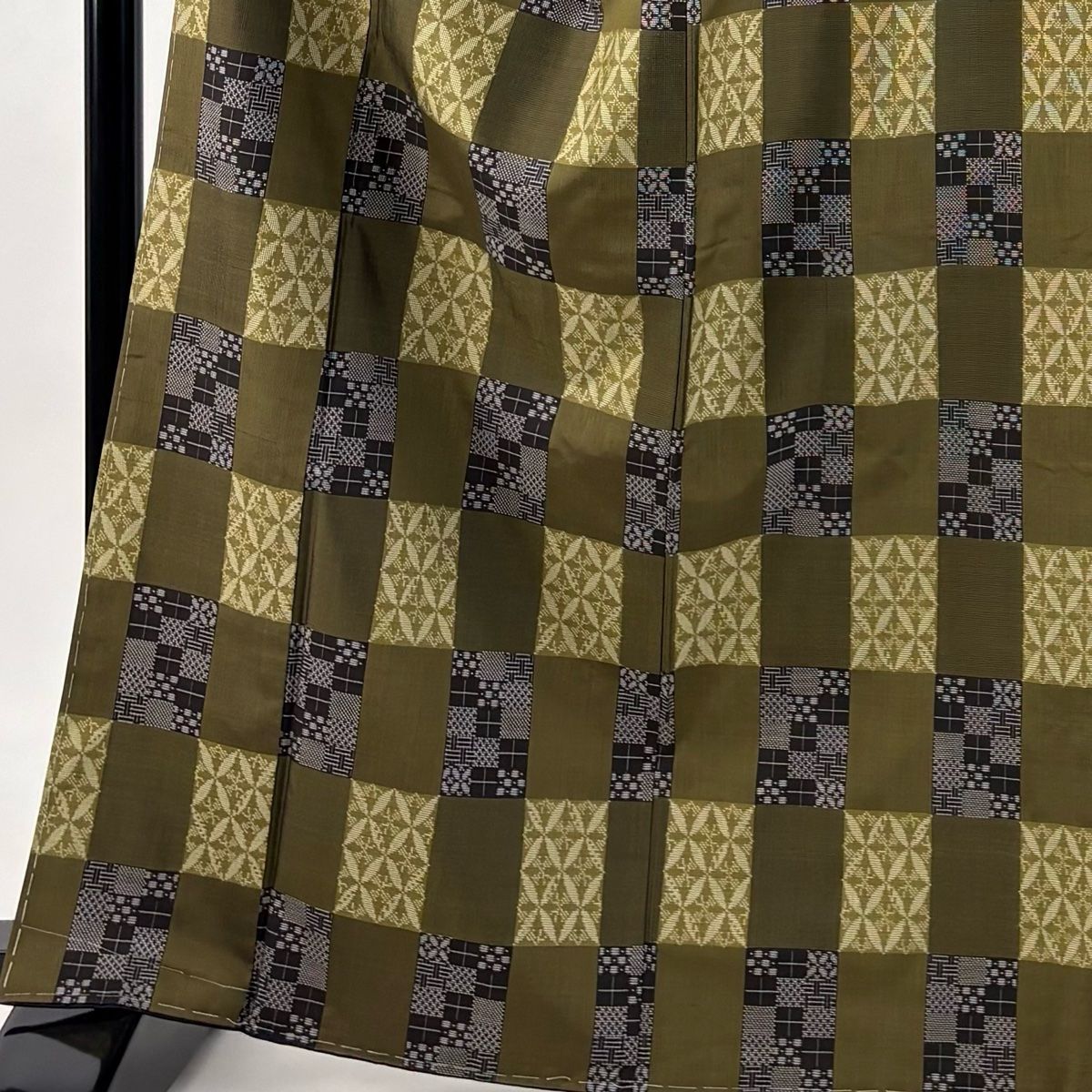 紬 身丈166 5 cm 裄丈67 M 袷 ますいわ屋 変わり市松 七宝 茶緑色 正絹