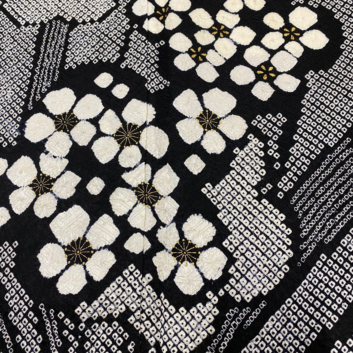  振袖 身丈166 cm 裄丈65.5 M 袷 梅 花 金彩 総絞り 黒灰 正絹 振袖 着物