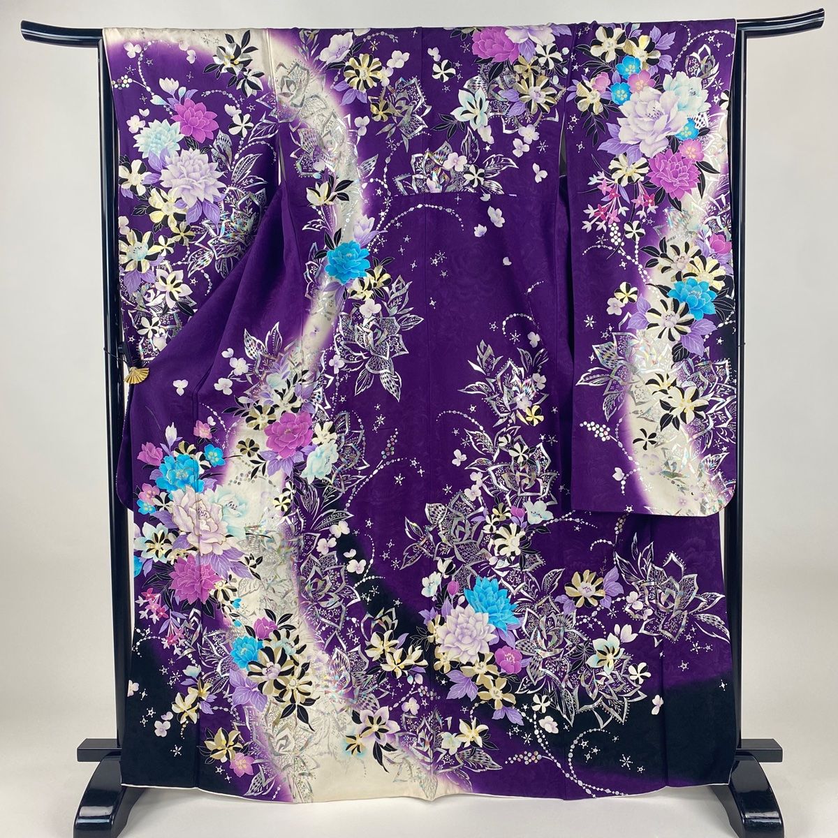 振袖 身丈168 cm 裄丈65 M 袷 牡丹 草花 金銀彩 ラメ 濃紫 正絹