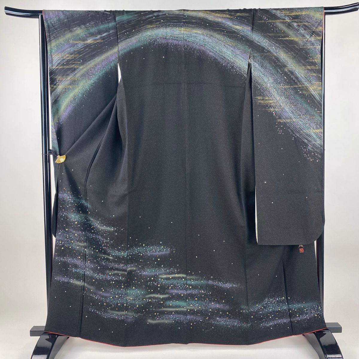振袖 身丈163.5 cm 裄丈66 M 袷 落款 霞 星 ラインストーン 金通し 黒 正絹