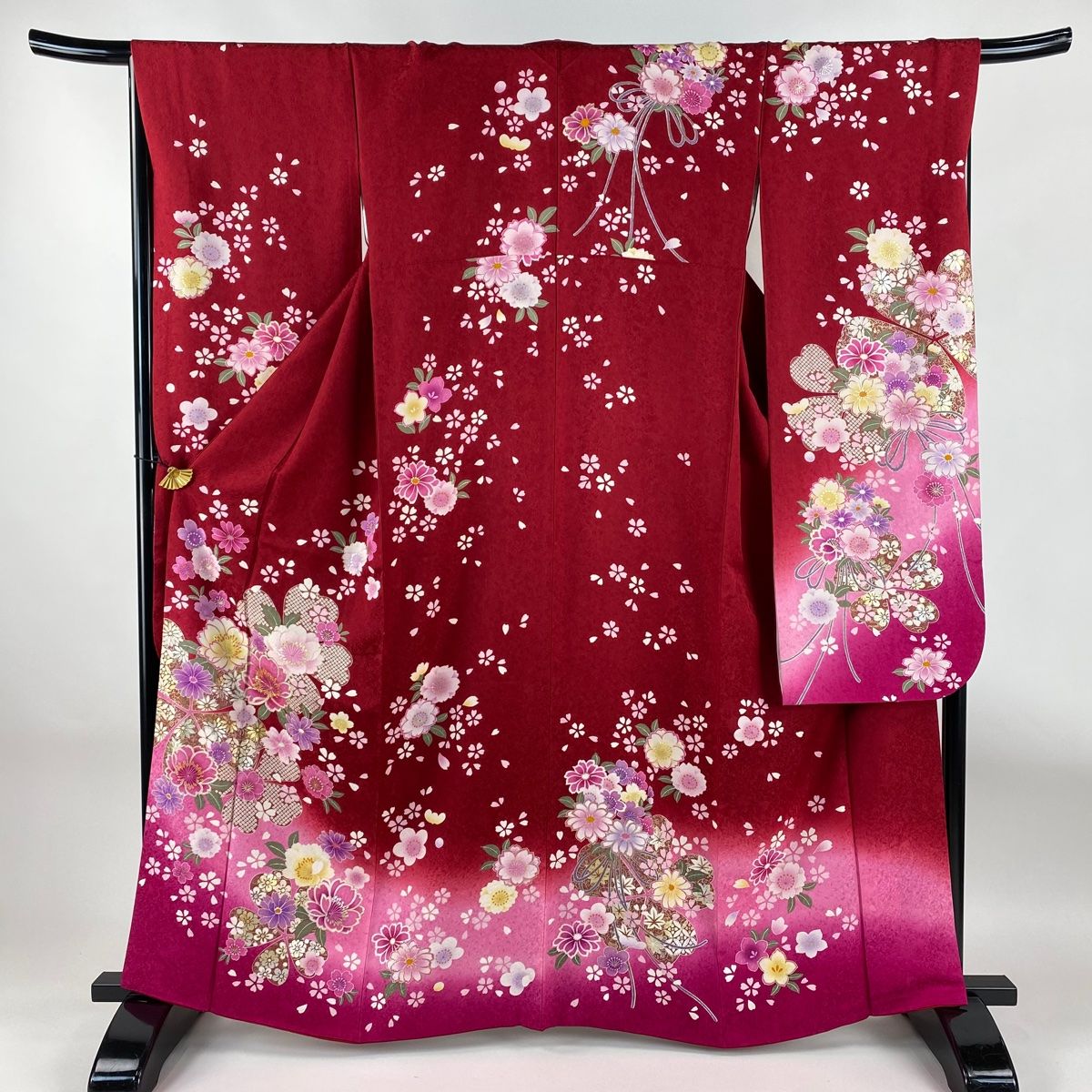 振袖 身丈164 cm 裄丈67.5 L 袷 桜 疋田柄 金銀彩 箔 赤 正絹