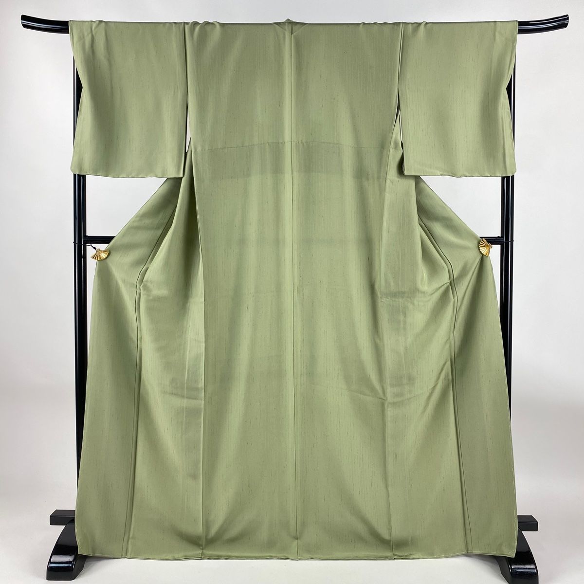 紬 身丈168.5 cm 裄丈69 L 袷 ぜんまい紬 証紙 縞 幾何学模様 灰緑 正絹