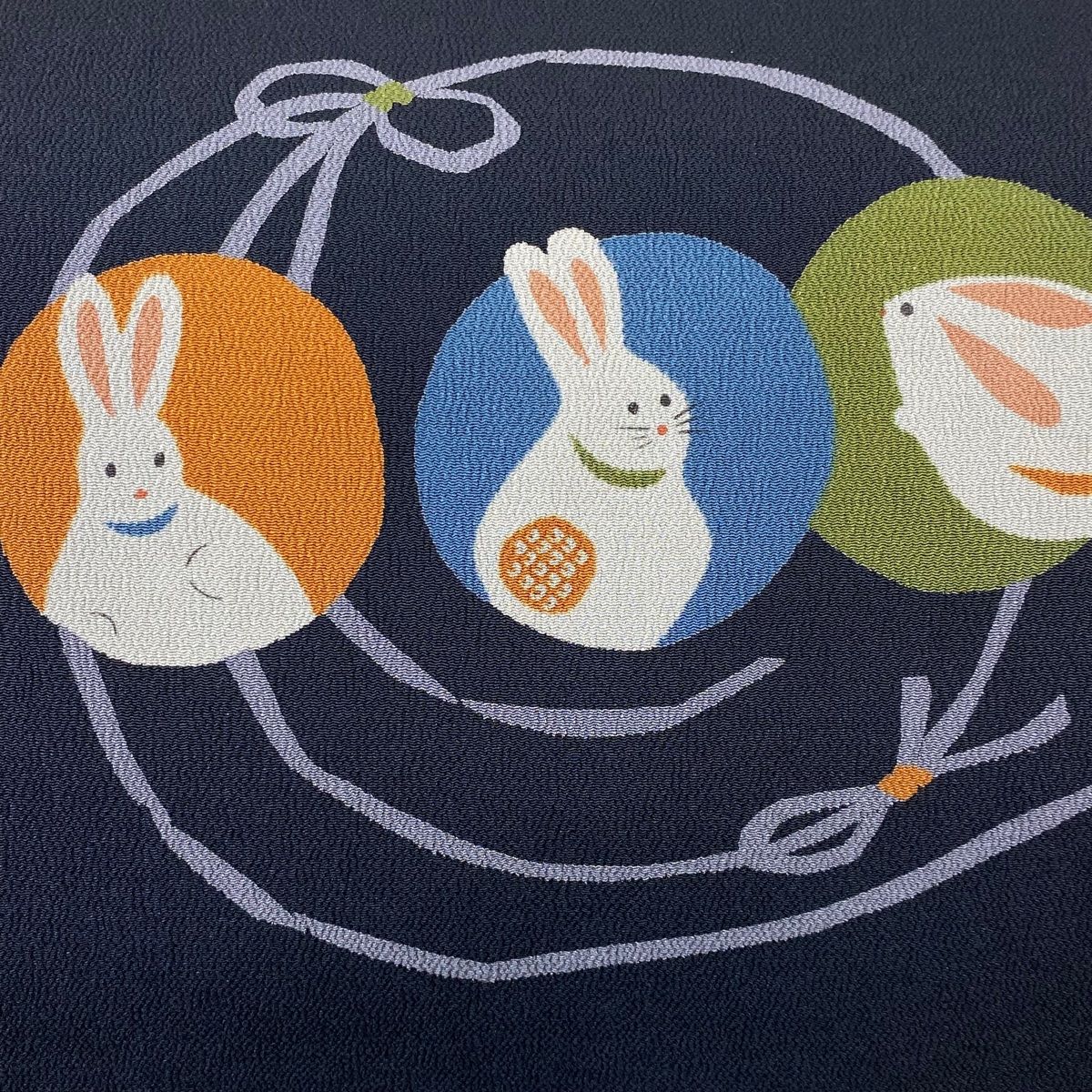 開き名古屋帯 うさぎ 組紐 縮緬 黒 正絹