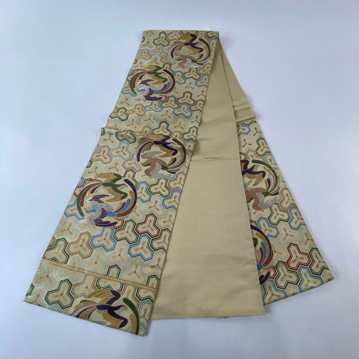 袋帯 名品 川島織物 落款 本袋 向鳥 毘沙門亀甲 金銀糸 箔 薄黄土色 六