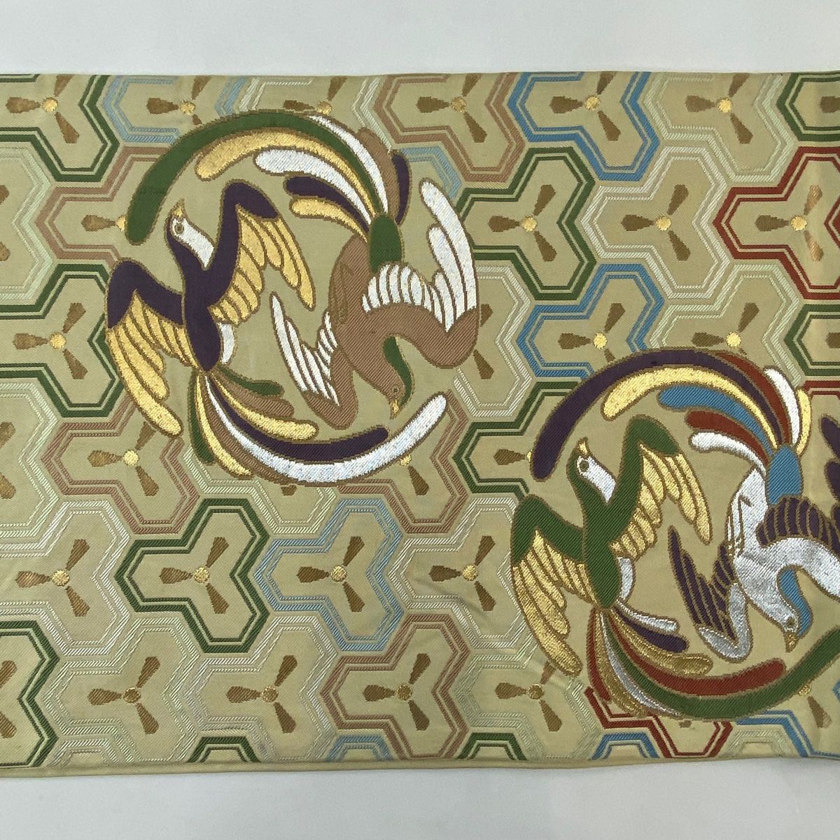 袋帯 名品 川島織物 落款 本袋 向鳥 毘沙門亀甲 金銀糸 箔 薄黄土色 六