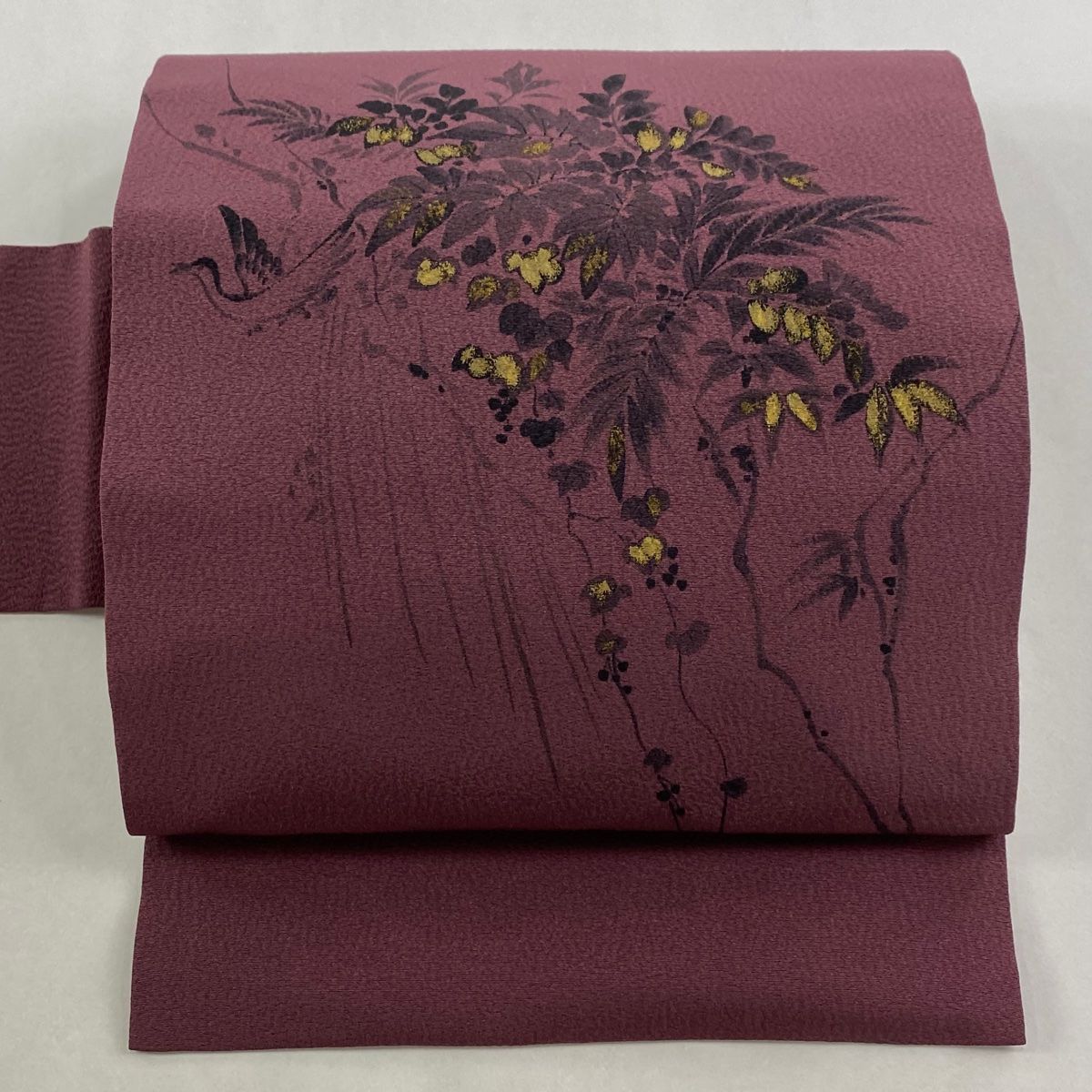 名古屋帯 落款 山科春宣 草花 鳥 金彩 赤紫 正絹