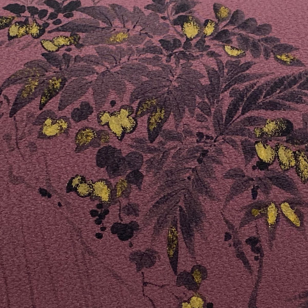 名古屋帯 落款 山科春宣 草花 鳥 金彩 赤紫 正絹