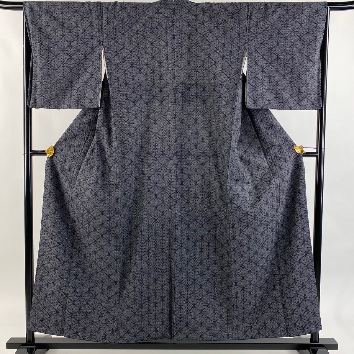 紬 身丈155 cm 裄丈66.5 M 袷 麻の葉 紺色 正絹 秀品