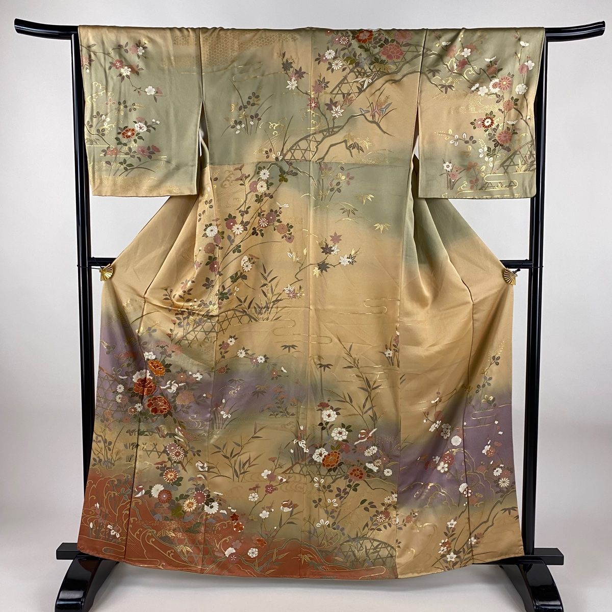 訪問着 身丈162.5cm 裄丈66cm M 袷 鴛鴦 草花 刺繍 金彩 ベージュ 正絹