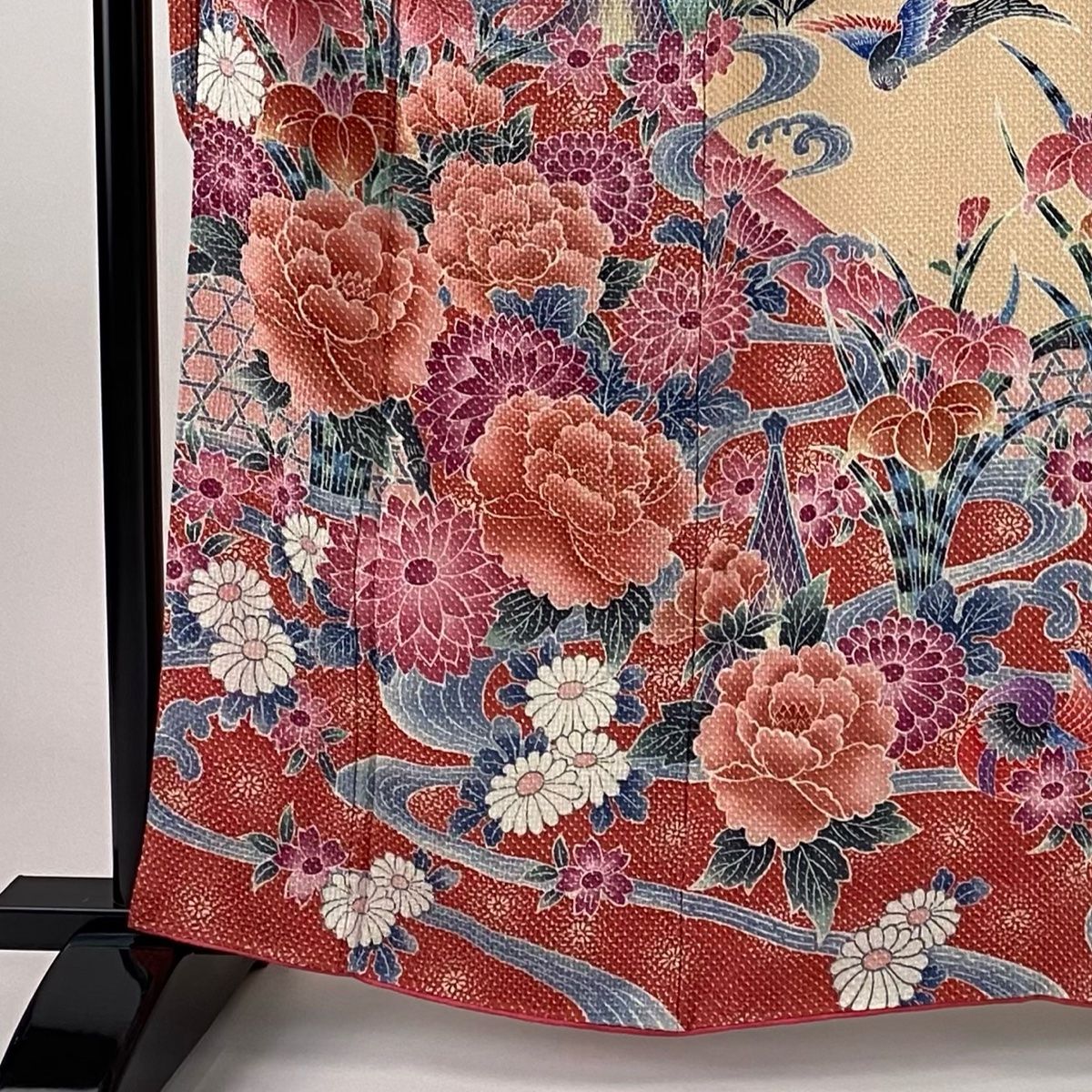 振袖 身丈160 cm 裄丈63.5 S 袷 草花 網干 絞り 薄オレンジ 正絹 秀品