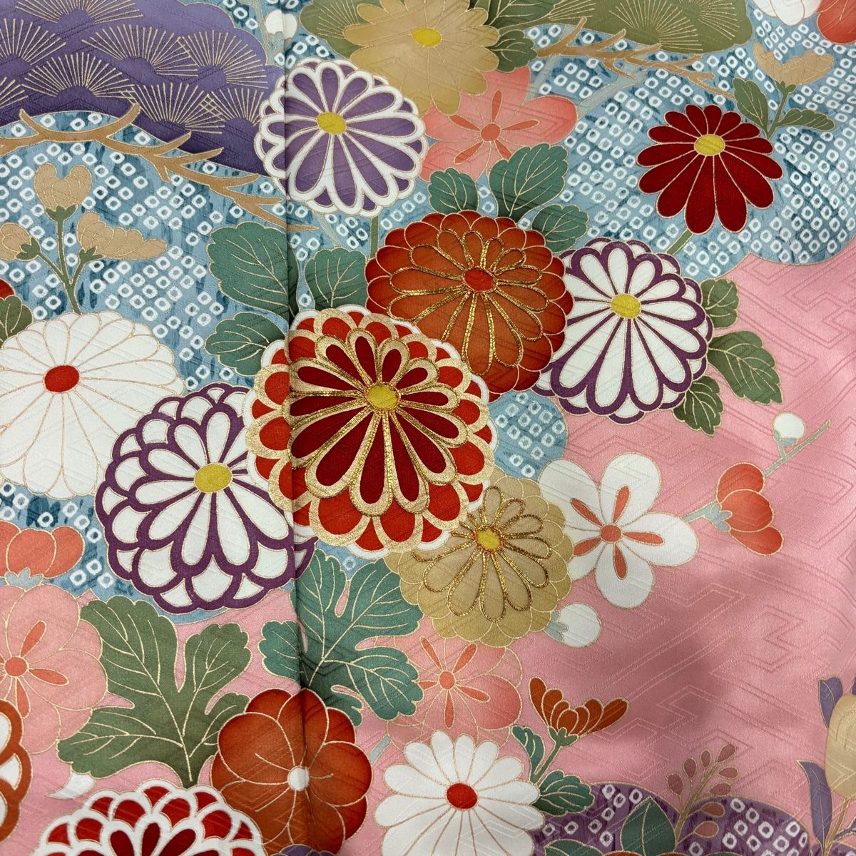  振袖 身丈154 cm 裄丈63 S 袷 菊 流水 金糸 金彩 ピンク 正絹 秀品 振袖 着物