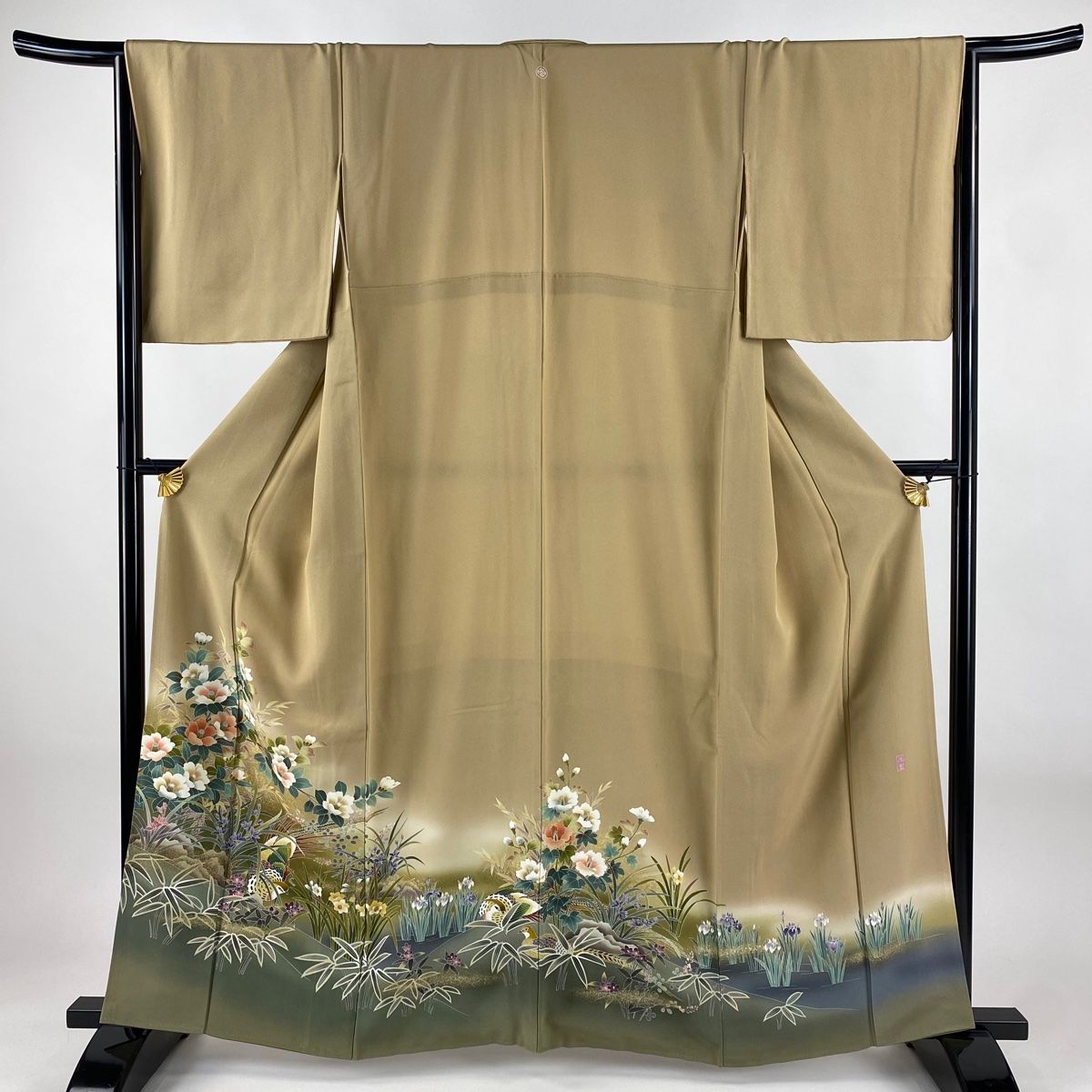 色留袖 身丈161 cm 裄丈65 5 M 袷 阿部佳雪 落款 椿 鳥 金銀彩 ぼかし 薄茶色 正絹 秀品 一つ紋